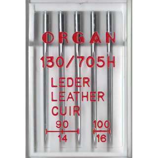Иглы для кожи ORGAN LEATHER MIX №90/14, №100/16 (набор 5 шт) для бытовых швейных машин