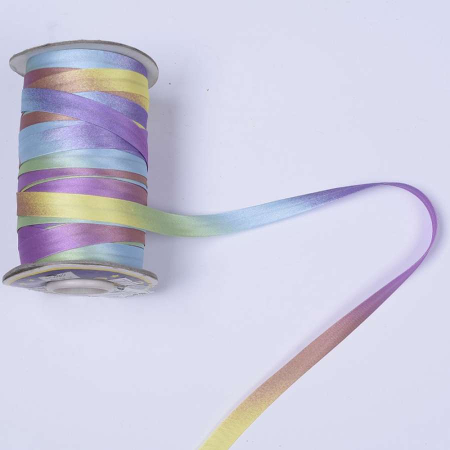 Косая бейка атласная 16мм (5/8") радуга сиренево-голубая