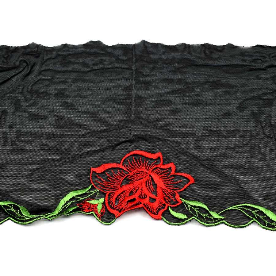 Мереживо стрейч чорне з червоними трояндами, зеленим листям, ш.19см, 1-стор
