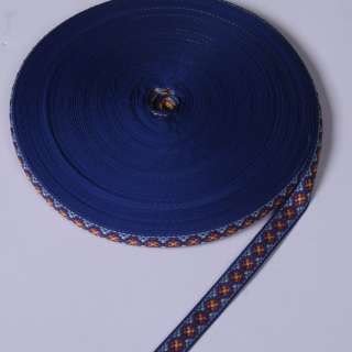 Стрічка оздоблювальна синя з орнаментом кольоровим 15мм 13В19Г27