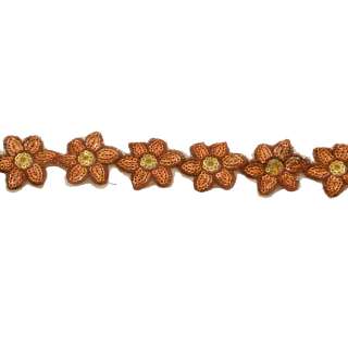 Тасьма пришивна з паєтками на капроні 35 мм квіти помаранчево-коричнева