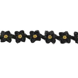 Тасьма пришивна з паєтками на капроні 35 мм квіти чорно-жовта