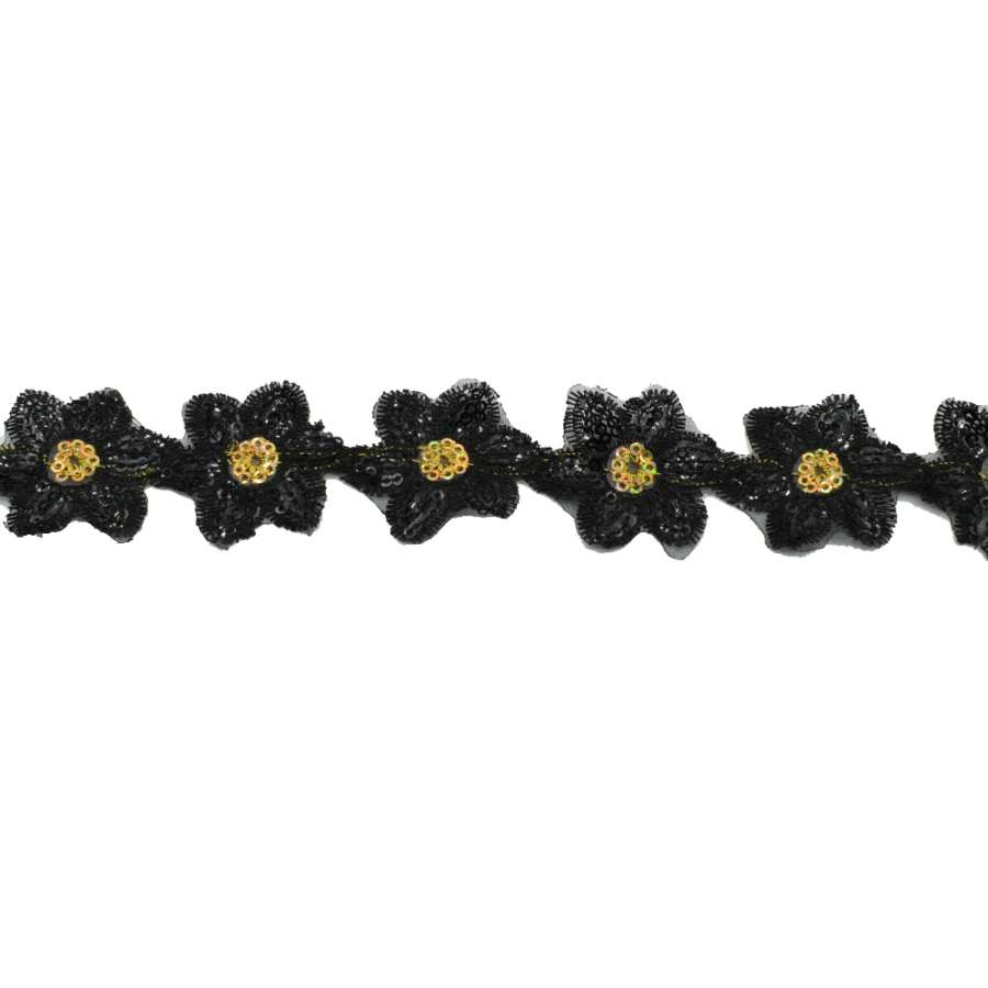 Тесьма пришивная с пайетками на капроне 35 мм цветы черно-желтая