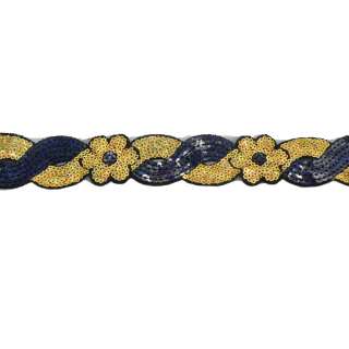 Тесьма пришивная с пайетками на капроне 35 мм волны цветы золотистая/синяя темная