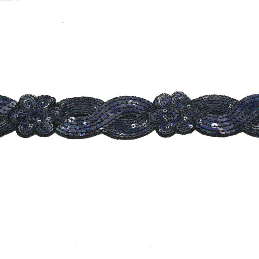 Тесьма пришивная с пайетками на капроне 35 мм волны цветы синяя темная