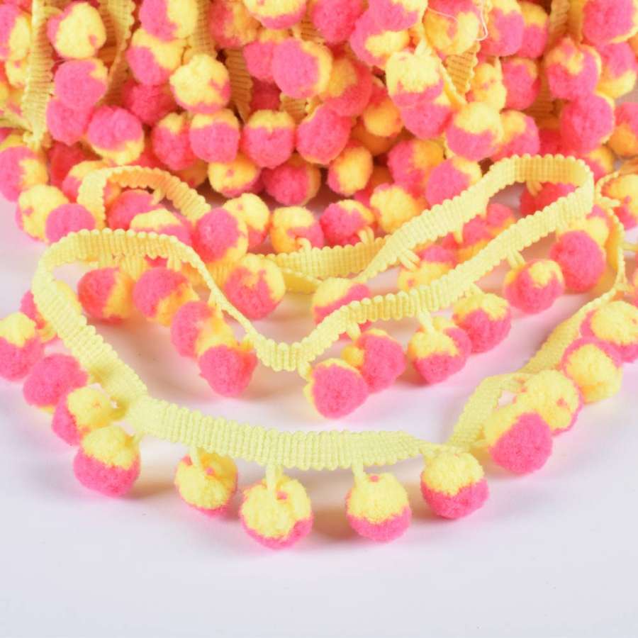 Тесьма с помпонами 10мм желтая, желто-розовые помпоны