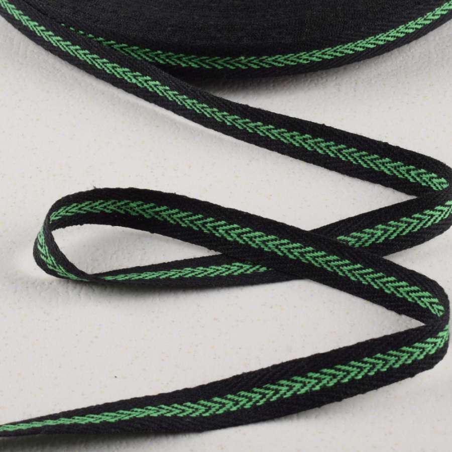 Стрічка кіперна 15мм чорна з зеленим візерунком 14В22Г27