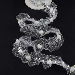 Стрічка еластична декоративна з мереживом, паєтками і трояндочками біла 5см