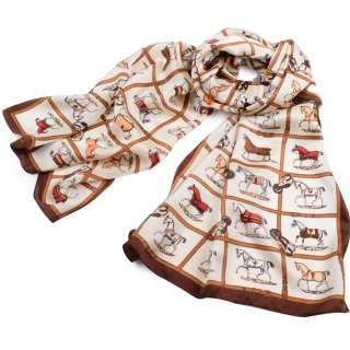 Платок-шарф 52х170 см квадраты, кони, молочный
